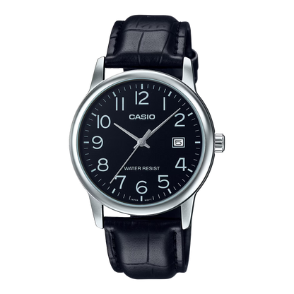 CASIO  MTP-V002L-1B BLACK LEATHER BAND BLACK DIAL  FOR MEN