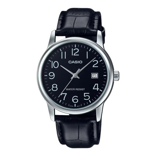 CASIO  MTP-V002L-1B BLACK LEATHER BAND BLACK DIAL  FOR MEN