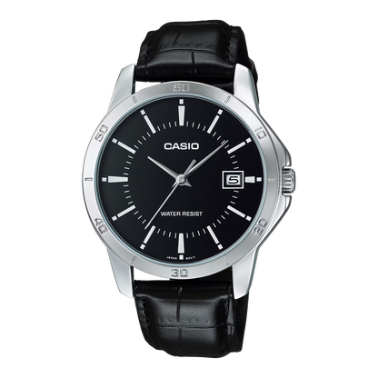 CASIO  MTP-V004L-1A BLACK LEATHER BAND BLACK DIAL  FOR MEN