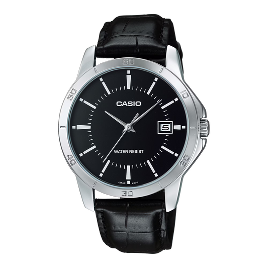 CASIO  MTP-V004L-1A BLACK LEATHER BAND BLACK DIAL  FOR MEN