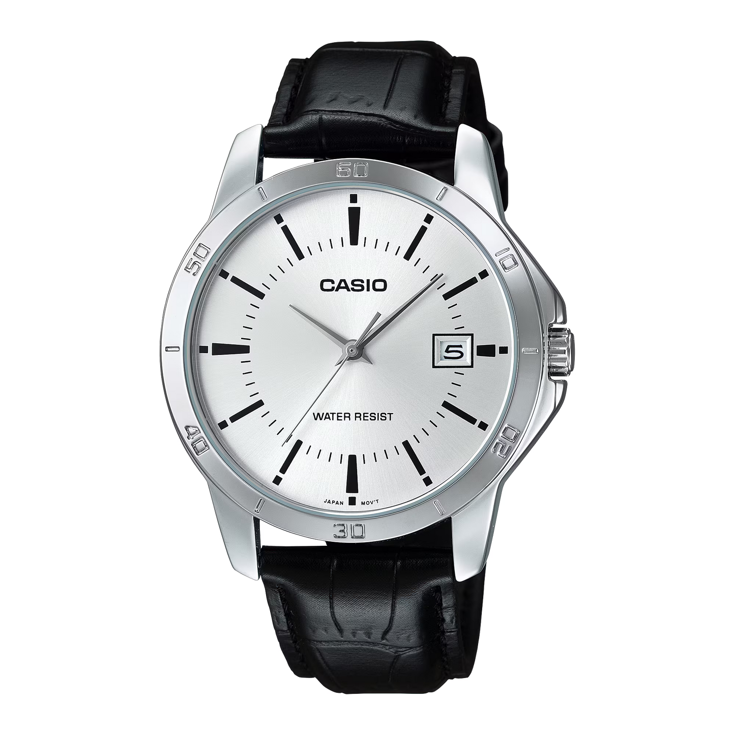 CASIO  MTP-V004L-7A BLACK LEATHER BAND SILVER DIAL  FOR MEN