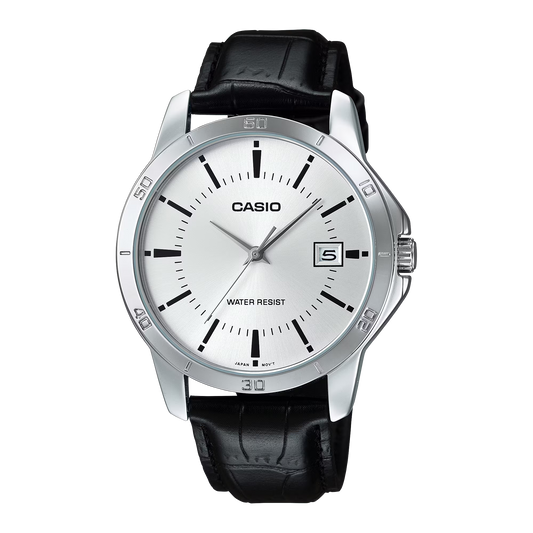 CASIO  MTP-V004L-7A BLACK LEATHER BAND SILVER DIAL  FOR MEN