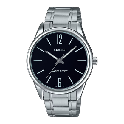 CASIO  MTP-V005D-1B SILVER STEEL BAND BLACK DIAL  FOR MEN