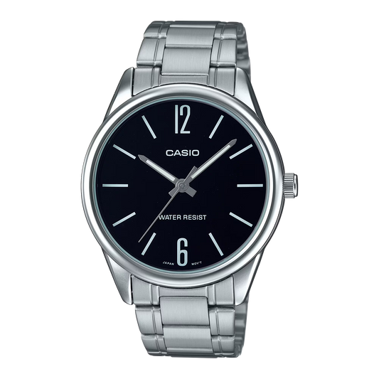 CASIO  MTP-V005D-1B SILVER STEEL BAND BLACK DIAL  FOR MEN