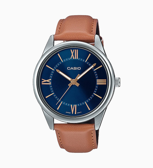 Casio MTP-V005L-2B5 Men's Standard Analog Tan Leather Band Roman Blue Dial Watch