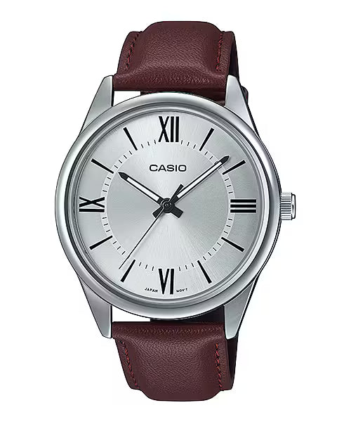 CASIO  MTP-V005L-7B5 BROWN LEATHER BAND SILVER DIAL  FOR MEN