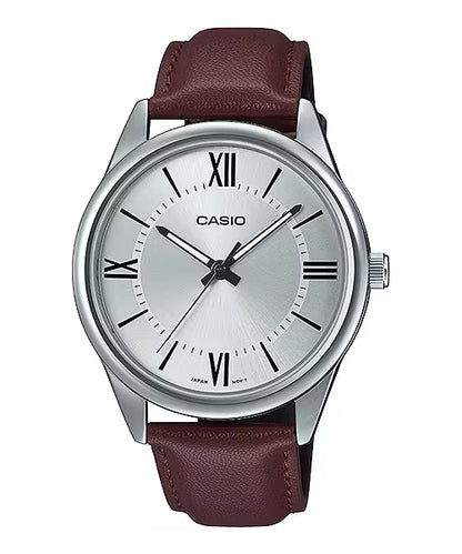 CASIO  MTP-V005L-7B5 BROWN LEATHER BAND SILVER DIAL  FOR MEN