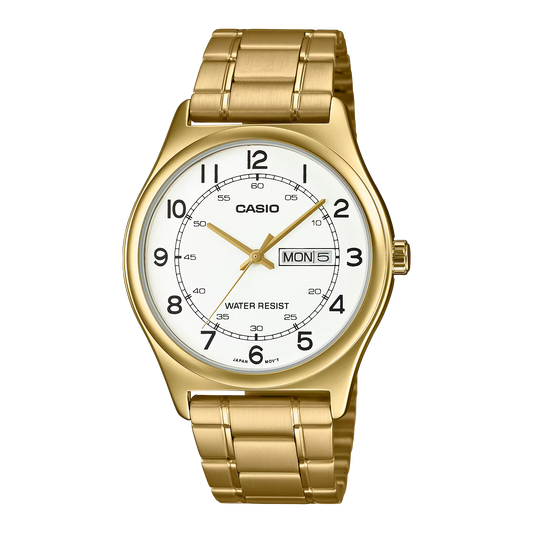 CASIO  MTP-V006G-7B GOLDEN STEEL BAND WHITE DIAL  FOR MEN
