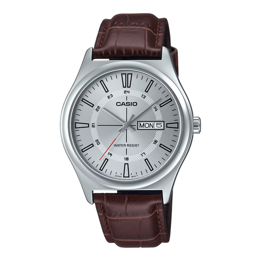 CASIO  MTP-V006L-7C BROWN LEATHER BAND SILVER DIAL  FOR MEN