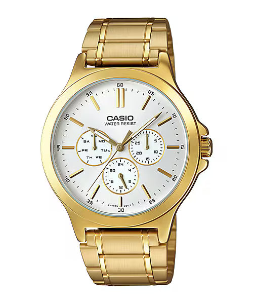 CASIO  MTP-V300G-7A GOLDEN STEEL BAND WHITE DIAL  FOR MEN