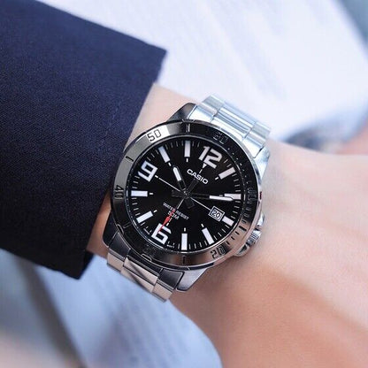 CASIO  MTP-VD01D-1B SILVER STEEL BAND BLACK DIAL  FOR MEN