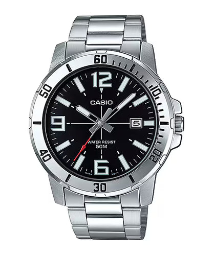 CASIO  MTP-VD01D-1B SILVER STEEL BAND BLACK DIAL  FOR MEN