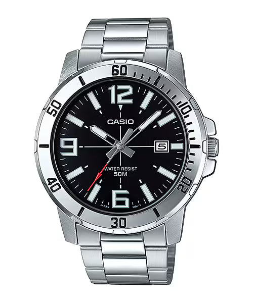 CASIO  MTP-VD01D-1B SILVER STEEL BAND BLACK DIAL  FOR MEN