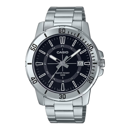 CASIO  MTP-VD01D-1C SILVER STEEL BAND BLACK DIAL  FOR MEN