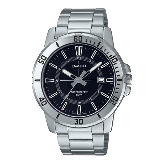CASIO  MTP-VD01D-1C SILVER STEEL BAND BLACK DIAL  FOR MEN