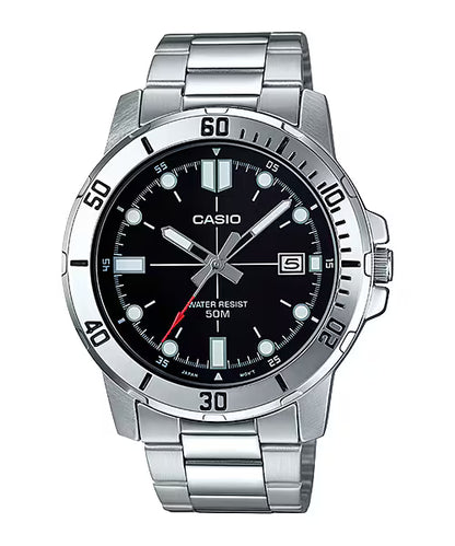 CASIO  MTP-VD01D-1E SILVER STEEL BAND BLACK DIAL  FOR MEN