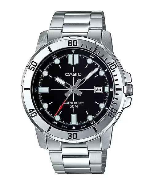 CASIO  MTP-VD01D-1E SILVER STEEL BAND BLACK DIAL  FOR MEN