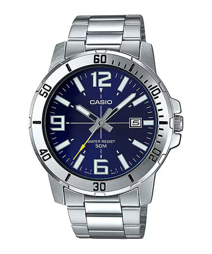 CASIO  MTP-VD01D-2B SILVER STEEL BAND NAVY BLUE DIAL  FOR MEN