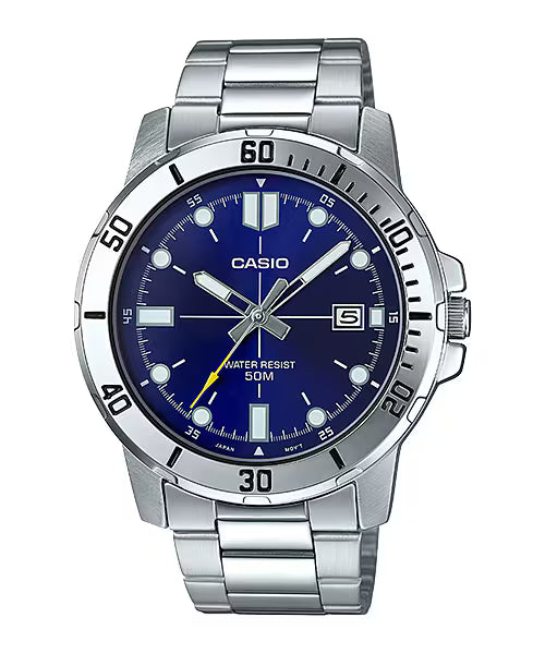 CASIO  MTP-VD01D-2E SILVER STEEL BAND NAVY BLUE DIAL  FOR MEN