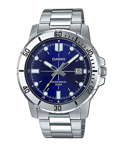 CASIO  MTP-VD01D-2E SILVER STEEL BAND NAVY BLUE DIAL  FOR MEN