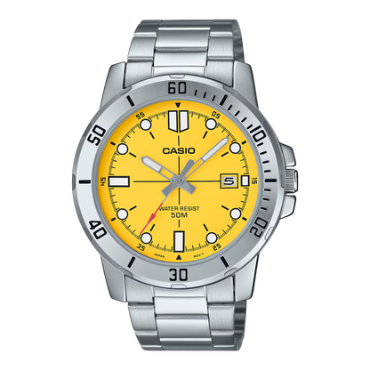 CASIO  MTP-VD01D-9E SILVER STEEL BAND YELLOW DIAL  FOR MEN