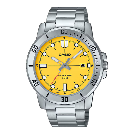 CASIO  MTP-VD01D-9E SILVER STEEL BAND YELLOW DIAL  FOR MEN
