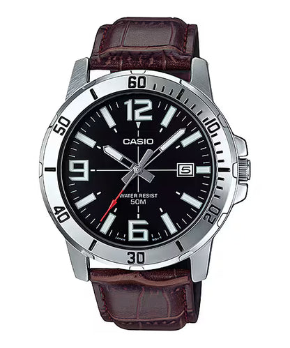 CASIO  MTP-VD01L-1B BROWN LEATHER BAND BLACK DIAL  FOR MEN