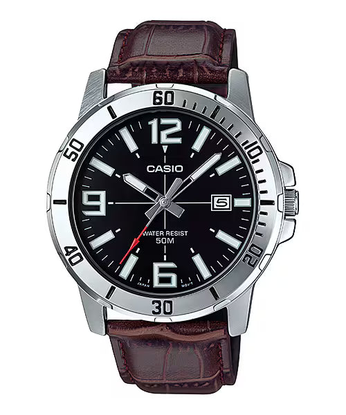 CASIO  MTP-VD01L-1B BROWN LEATHER BAND BLACK DIAL  FOR MEN