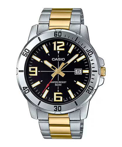 CASIO  MTP-VD01SG-1B SILVER AND GOLD STEEL BAND BLACK DIAL  FOR MEN