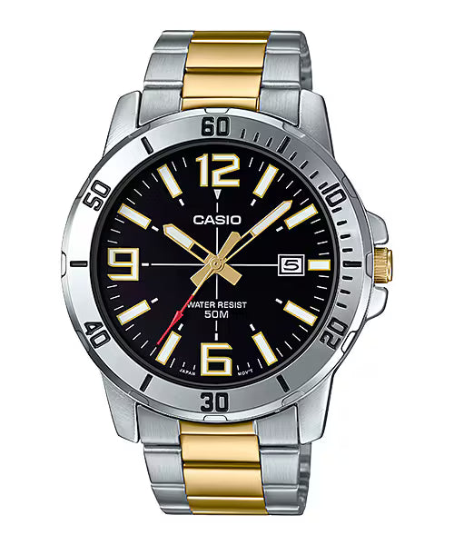 CASIO  MTP-VD01SG-1B SILVER AND GOLD STEEL BAND BLACK DIAL  FOR MEN