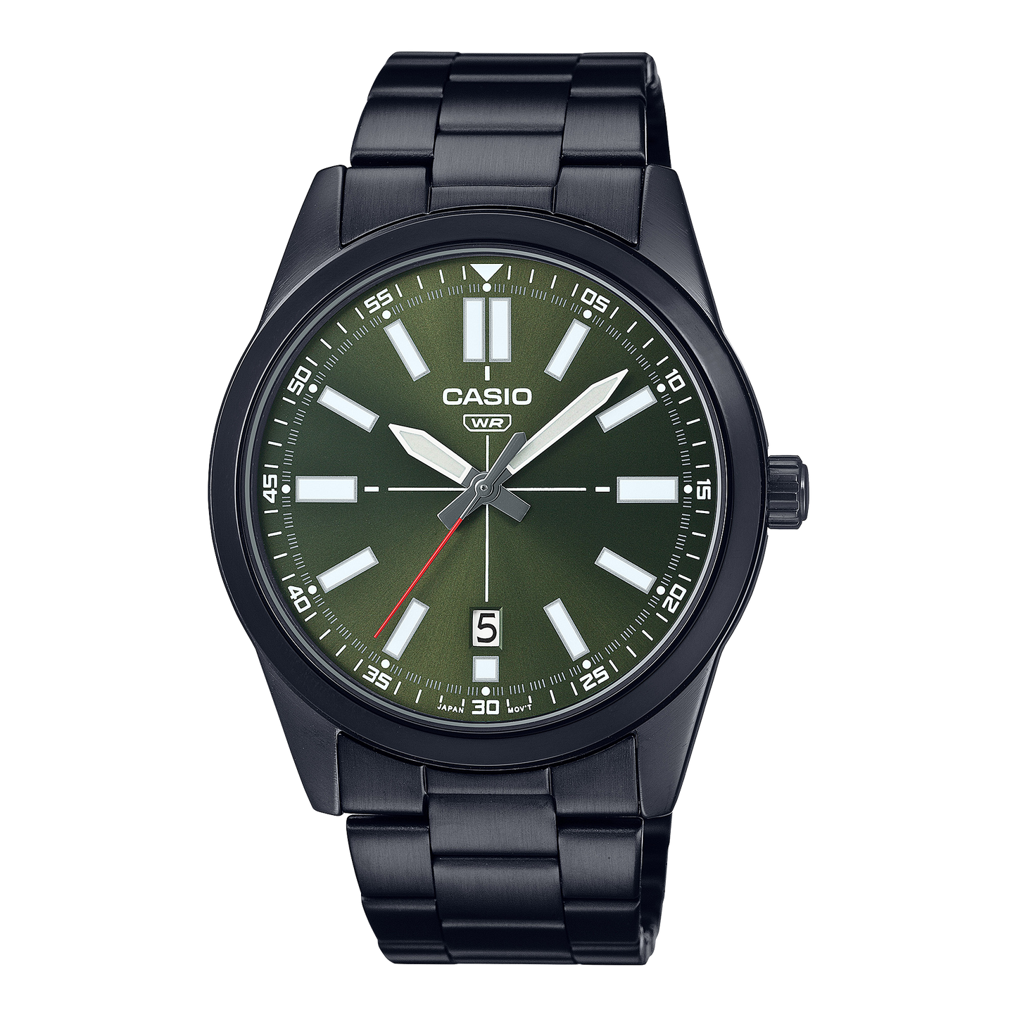 CASIO  MTP-VD02B-3E BLACK STEEL BAND GREEN DIAL  FOR MEN