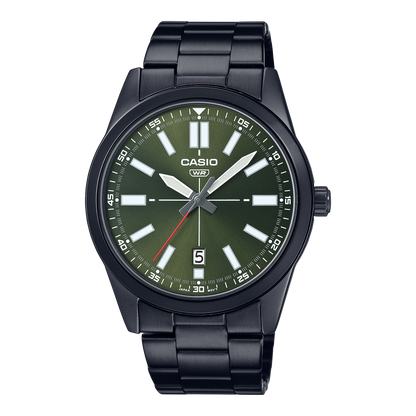 CASIO  MTP-VD02B-3E BLACK STEEL BAND GREEN DIAL  FOR MEN