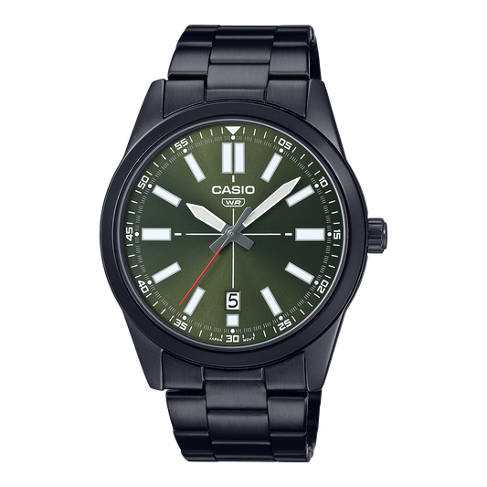 CASIO  MTP-VD02B-3E BLACK STEEL BAND GREEN DIAL  FOR MEN