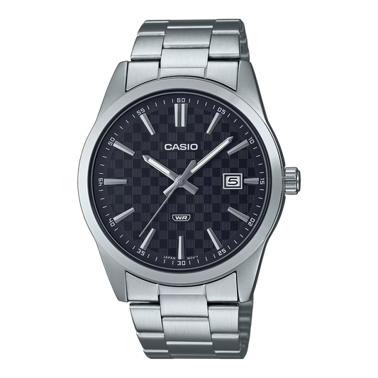 CASIO  MTP-VD03D-1A SILVER STEEL BAND BLACK DIAL  FOR MEN
