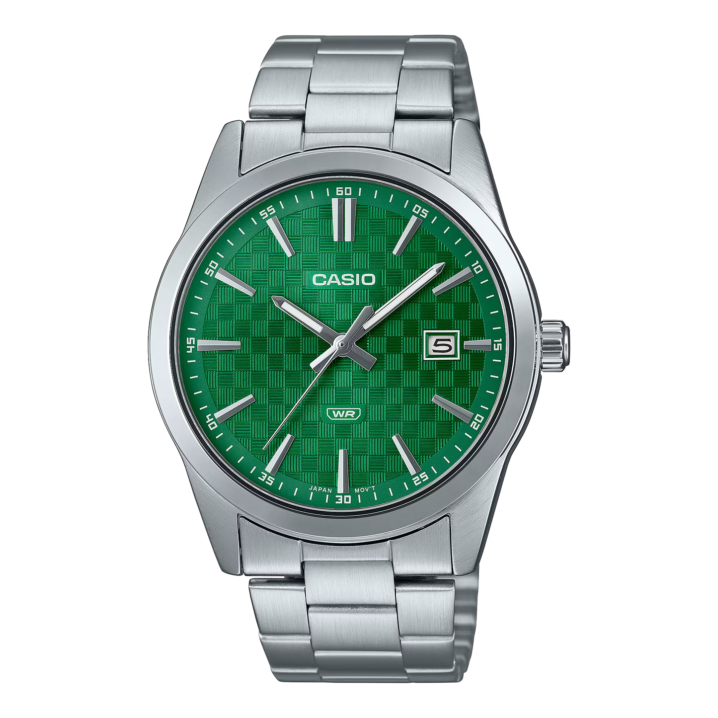 CASIO  MTP-VD03D-3A1 SILVER STEEL BAND GREEN DIAL  FOR MEN