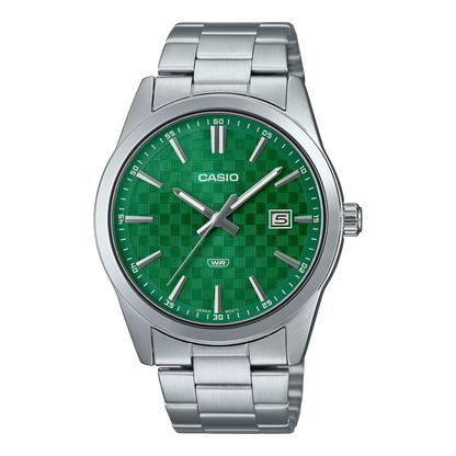 CASIO  MTP-VD03D-3A1 SILVER STEEL BAND GREEN DIAL  FOR MEN