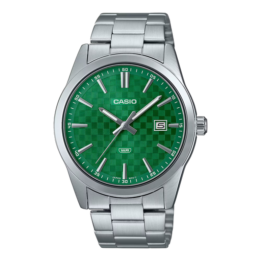CASIO  MTP-VD03D-3A1 SILVER STEEL BAND GREEN DIAL  FOR MEN