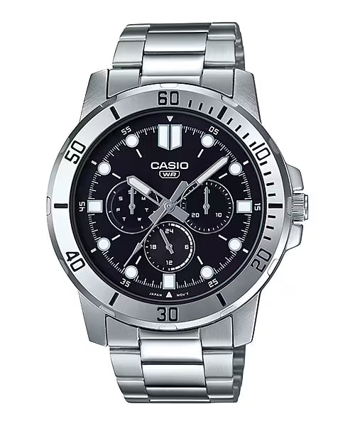 CASIO  MTP-VD300D-1E SILVER STEEL BAND BLACK DIAL  FOR MEN