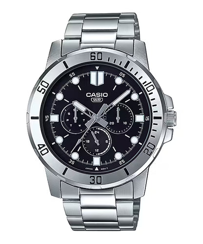 CASIO  MTP-VD300D-1E SILVER STEEL BAND BLACK DIAL  FOR MEN