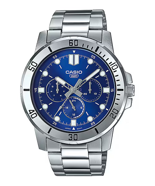 CASIO  MTP-VD300D-2E SILVER STEEL BAND NAVY BLUE DIAL  FOR MEN