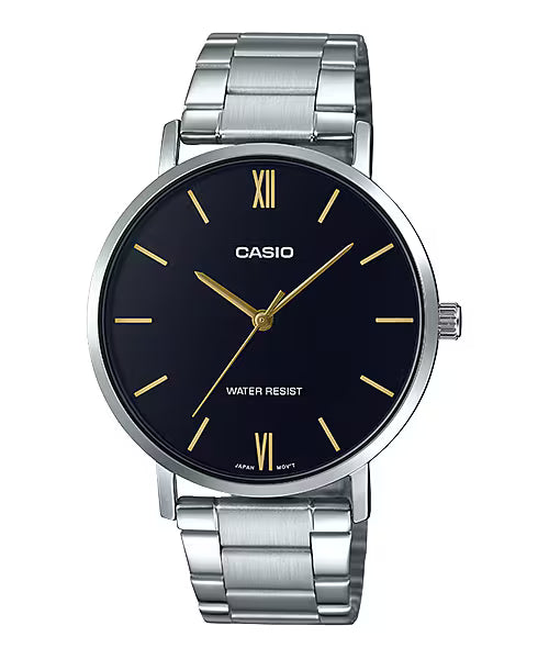 CASIO  MTP-VT01D-1B SILVER STEEL BAND BLACK DIAL  FOR MEN
