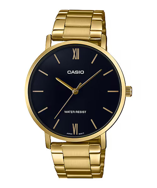 CASIO  MTP-VT01G-1B GOLDEN STEEL BAND BLACK DIAL  FOR MEN