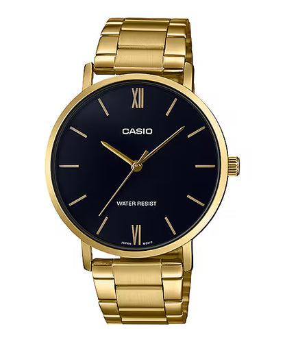 CASIO  MTP-VT01G-1B GOLDEN STEEL BAND BLACK DIAL  FOR MEN