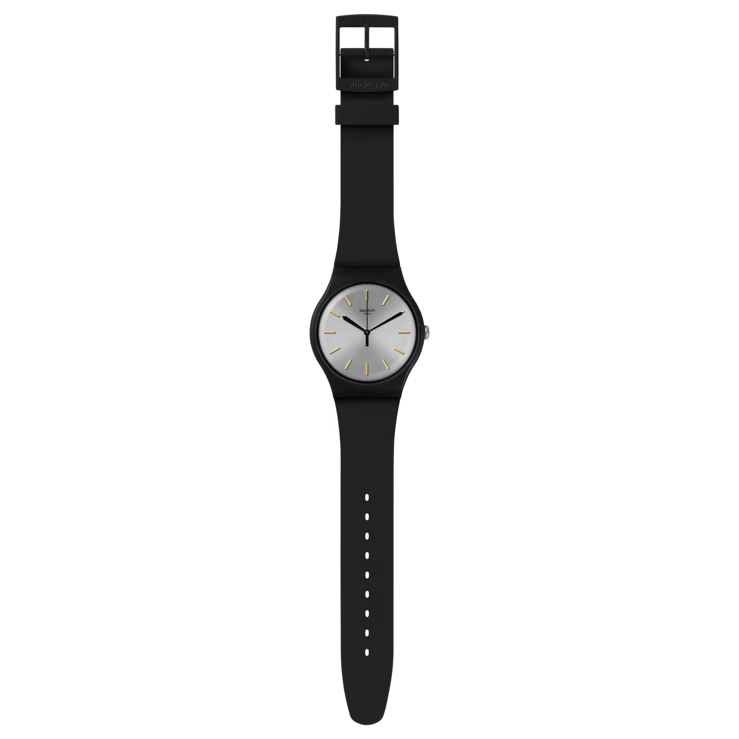 SWATCH SUOB173 BLACK RUBBER BAND SILVER DIAL UNISEX