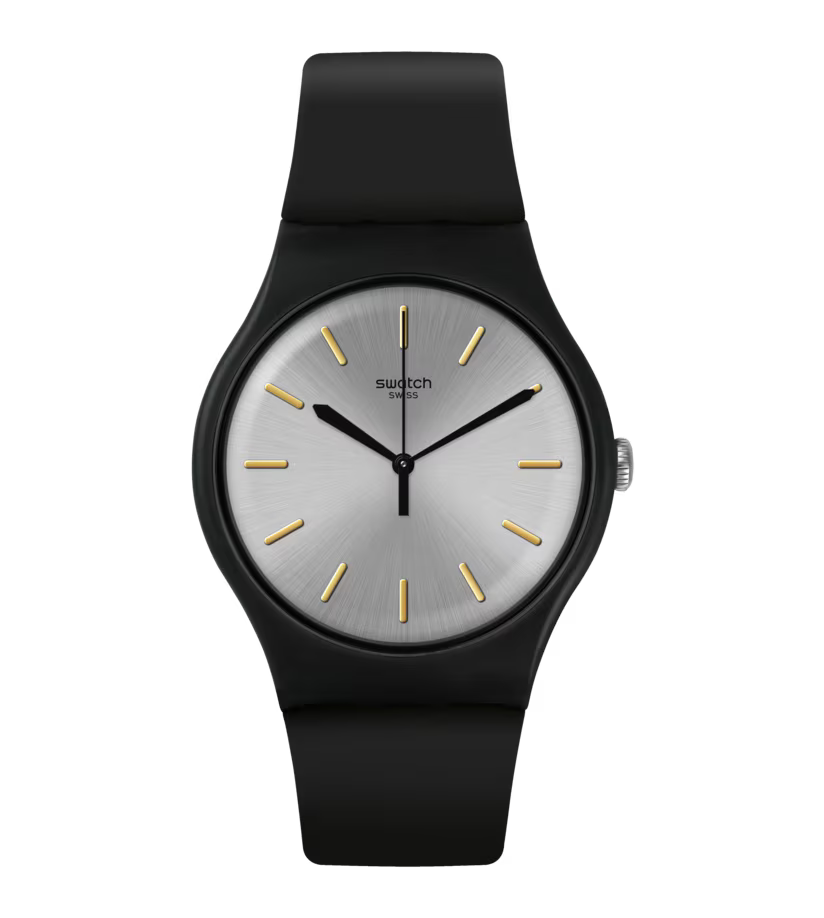SWATCH SUOB173 BLACK RUBBER BAND SILVER DIAL UNISEX