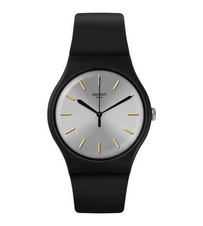 SWATCH SUOB173 BLACK RUBBER BAND SILVER DIAL UNISEX