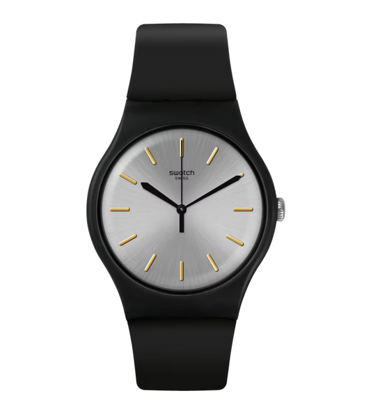 SWATCH SUOB173 BLACK RUBBER BAND SILVER DIAL UNISEX
