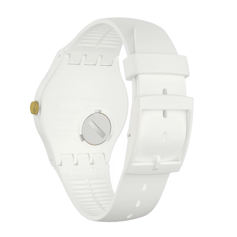 SWATCH SUOW158 WHITE RUBBER BAND WHITE AND GOLDEN DIAL FOR WOMEN