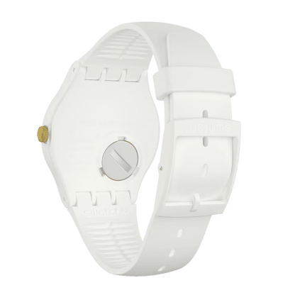 SWATCH SUOW158 WHITE RUBBER BAND WHITE AND GOLDEN DIAL FOR WOMEN