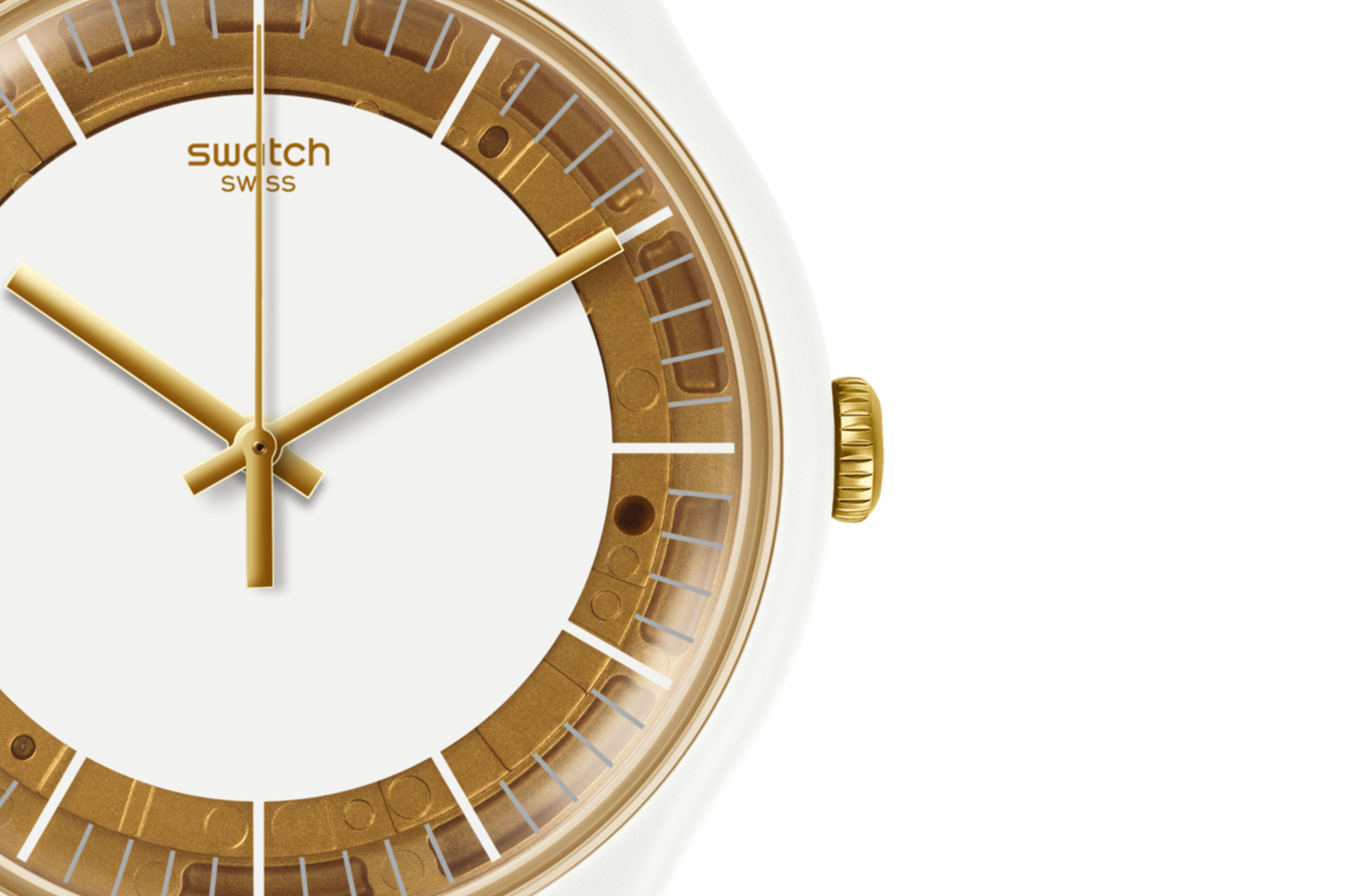 SWATCH SUOW158 WHITE RUBBER BAND WHITE AND GOLDEN DIAL FOR WOMEN